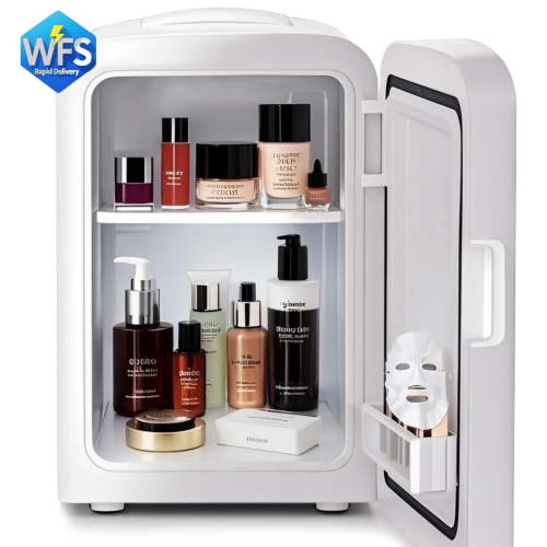 Auseo Mini Fridge Cooler Personal, Countertop, Holds up to 4L/6 Cans, Front Door Stainless Steel, 12V AC/DC, Option for Skincare, Makeup, Drinks, Dorm Room, Elegant White