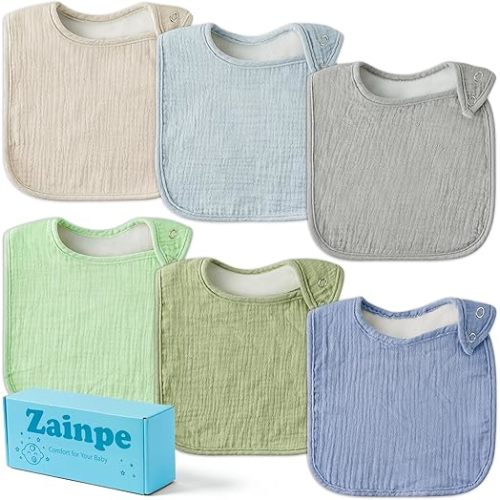 Zainpe 6Pcs Snap Muslin Cotton Baby Bibs Soft Absorbent Infant Bib Adjustable Bandana Drool Bib for Boy Girl 0-36 Months - Blue & Green