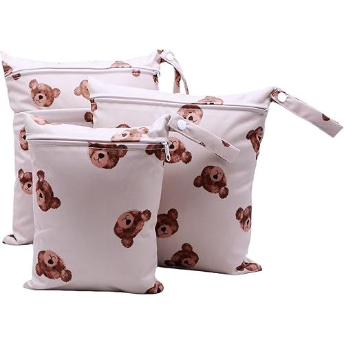 3pcs Cloth Diaper Wet Dry Bags Waterproof Reusable with Two Zippered Pockets Travel Beach Pool Daycare Soiled Baby Items Yoga Gym Bag for Swimsuits or Wet Clothes (3036-3-bear)