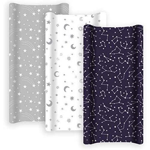 GROW WILD Changing Pad Cover 3 Pack | Soft & Stretchy Jersey Cotton | Baby Changing Table Pad Cover | Diaper Changing Pad Covers for Girls or Boys | Wipeable Sheets | Grey White Navy Blue Stars Moons