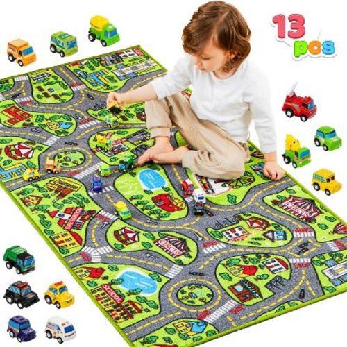 Joyfy Kids Car Play Rug for Playroom, Durable Toddler Car Track Play Mat Rug, Car Carpet with 12 Pull-Back Vehicle Set - City Pretend Play