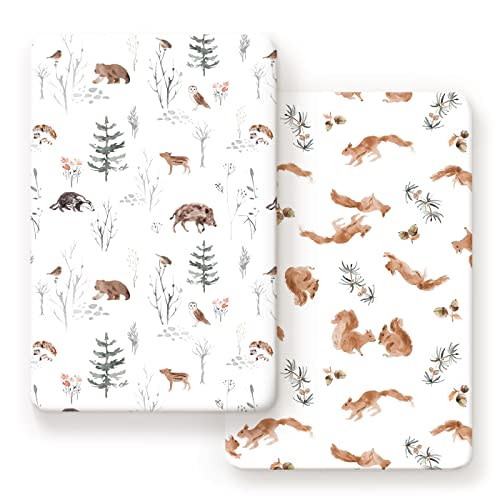 GRSSDER Stretchy Ultra Soft Jersey Knit Pack and Play Sheets 2 Pack, Portable/Mini Crib Sheets Universal Fitted for Playpen Mattress Safe and Snug, Stylish Cute Animal Print Baby Sheets