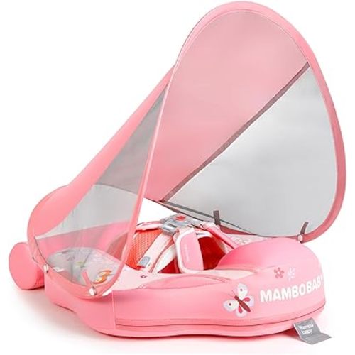 Mambobaby Float with Canopy UPF 50+ Sun Protection Pearl Foam Non-Inflatable Solid Baby Pool Float with Tail Mambo Float Swim Trainer Skin-Friendly Infant Swimming Ring for Baby 3-24 Months