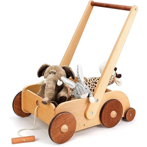 Wooden Baby Walker, Adjustable Speed Anti-Rollover Push Walker Toy for Babies Learning to Walk, Natural Wood Toddler Push and Pull Toys Wagon Birthday Toy for Boy Girl 1-3(Patent Protection)