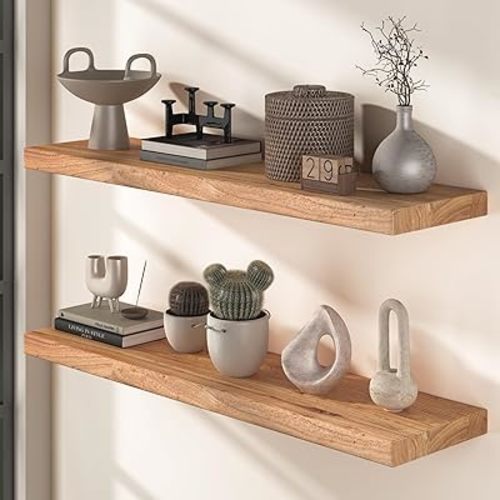 Fun Memories Solid Elm Wood Floating Shelves, 36 Inch Floating Shelves for Wall, Wall-Mounted Wooden Shelves with Invisible Heavy-Duty Brackets for Books, Bathroom, Kitchen, Natural, 2 Pack