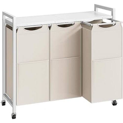 HOOBRO Laundry Sorter 3 Section, Laundry Hamper with Wheels, 3 × 11.5 Gal (43.4L), Rolling Laundry Basket, Pull-Out and Removable Oxford Fabric Bags, White WG76XY01