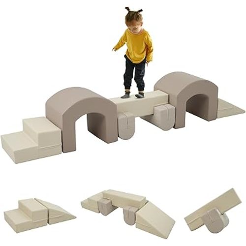 Merax Toddler Climbing Toys Indoor, Soft Play Foam Climbing Blocks for Toddlers, 7-Piece Baby Soft Foam Play Gym with Twin Tunnels for Climbing, Crawling, Sliding Indoor Playground