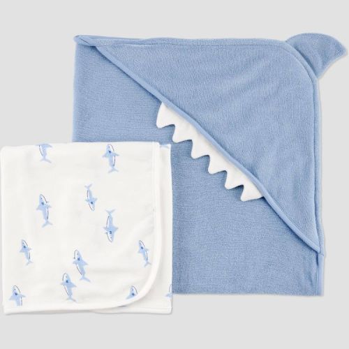 Carter's Just One You®️ Baby 2pk Shark Towel - Blue: Cotton Polyester Hooded Towels, Animal Theme, 29"x29"