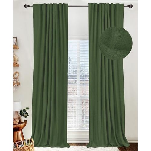 100% Blackout Shield Linen Blackout Curtains for Bedroom 108 Inches Long, Back Tab/Rod Pocket Living Room Drapes, Thermal Insulated Blackout Curtains 2 Panels Set, 50" W x 108" L, Moss Green