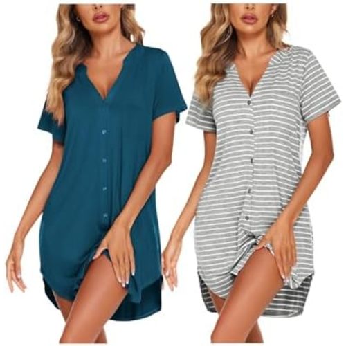 Ekouaer 2 Pcak Nightgowns for Women Button Down Sleep Shirts V Neck Night Shirts Night Gowns
