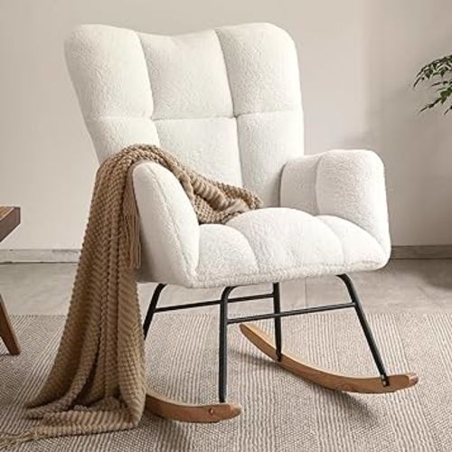 Nursery Rocking Chair, Teddy Fabric Upholstered Glider Rocker with High Backrest, Modern Rocking Accent Chairs Comfy Side Chair for Nursery, Bedroom, Living Room (Ivory)