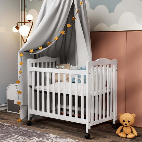 Fizzy Baby White Mini Crib for Small Spaces, 3 Position Adjustable Size