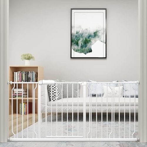 WAOWAO Extra Wide Baby Gate 71.65-76.38" Walk Thru Pressure Mount Auto Close White Metal Child Dog Pet Safety Stairs,Doorways,Kitchen