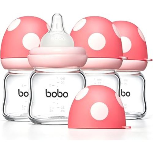 YOHKOH Natural Glass Baby Bottle with Level 1 Slow Flow Nipple, Newborn Anti-Colic Baby Bottles, Wide Neck Mushroom Baby Glass Bottle (3.4oz (Pack of 4), Red)