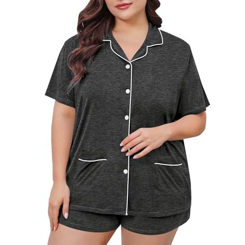 SWOMOG Women's Plus Size Pajamas Set Button Down Tops Short Sleeve Sleepwear Soft Pajama Shorts 2 Pcs Lounge Sets With Pocket