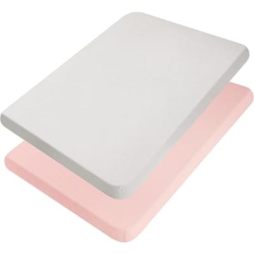 TILLYOU Mini Crib Fitted Sheets - Soft Knit Sheet for Pack N Play, Microfiber Mini Crib Sheets, Playpen Bedding Sheet for Baby 2 Pack, Machine Washable, 38'' x 24'',Light Gray & Peachy Pink