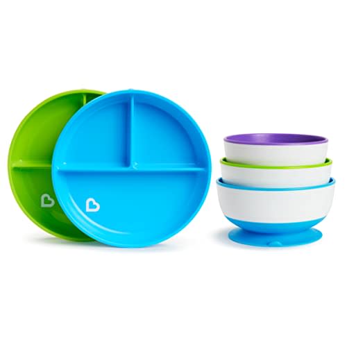 Munchkin® Stay Put™ Suction Bowls and Divided Plates for Babies and Toddlers, BPA Free, 5 Pack, Blue/Green/Purple - Suction Plates + Bowls