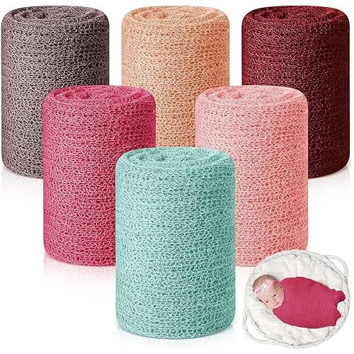 Tudomro 6 Pcs 15.8 x 59'' Newborn Baby Stretch Wraps Set 6 Colors Baby Photography Props Unisex Newborn Long Ripple Wrap Photo Blanket for Baby Girl Boy Christmas DIY Photography Prop(Vivid Color)