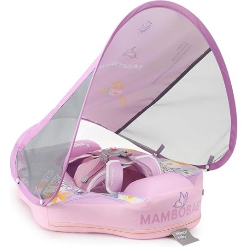 Mambobaby Baby Swim Float with Canopy Non-Inflatable Infant Pool Float with Tail 3-24 Months Avoid Flip Solid Skin-Friendly Material for Toddler Boys Girls