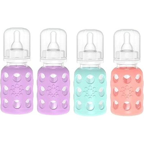 Lifefactory Glass Baby Bottles with Silicone Protection - 4-Pack, 4 oz Each Bottle (2- Lavender, 1- Mint & 1- Cantaloupe)
