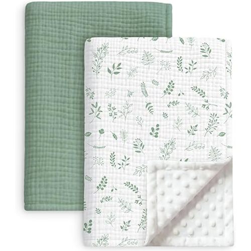 2 Pack Muslin Baby Blankets for Girls Boys, 40 x 40 Inch Super Soft Nursery Blanket with Cotton Front and Double Layer Dotted Backing, Lightweight Bedding for Newborn Infant Toddler, Green Leaf