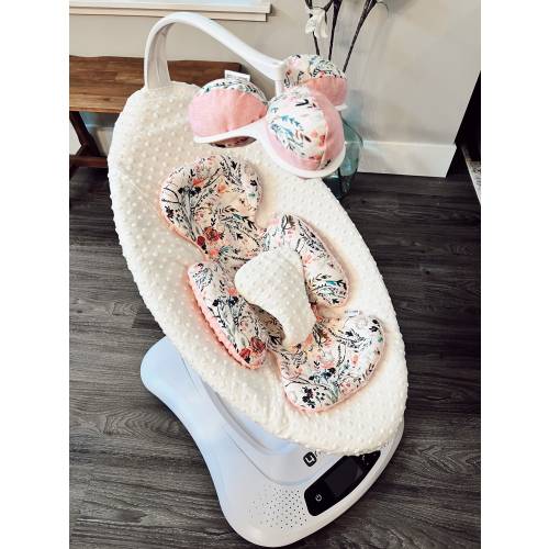 Mamaroo seat cover, swing infant insert and toy accessories, changeable bouncer cover pink fable floral and cream minky