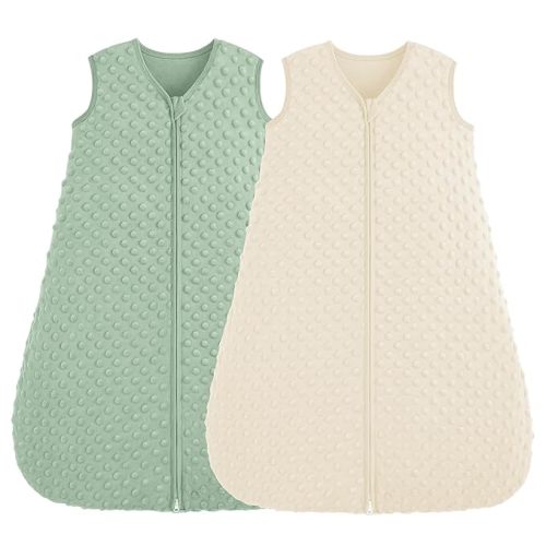 Fleece Baby Sleep Sack 6-12 Months, 1.5 TOG Cotton Baby Wearable Blanket With Soft Plush Dots, 2 Pack Newborn and Infant Warm Sleeping Sack with 2-Way Zipper Beige&Green