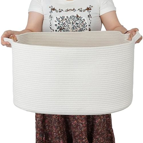 Large Rectangle Blankets Basket Living Room 22"x17"x12" Woven Cotton Rope Storage Basket for Nursery Toy Basket for Kids and Dogs Wicker Laundry Basket Bin for Clothes Towels white