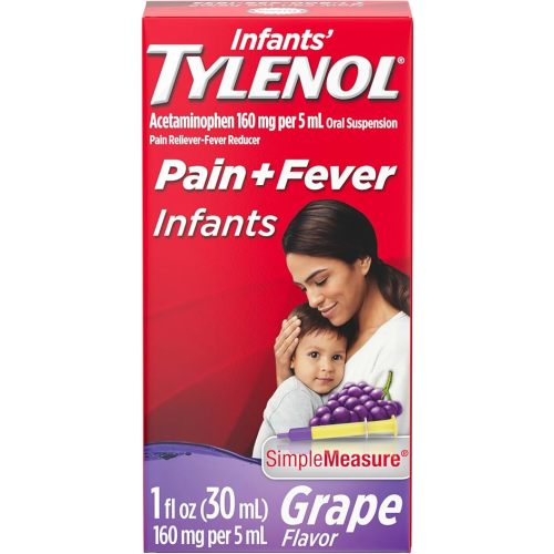 Infants' Tylenol Oral Suspension Liquid Medicine with Acetaminophen, Baby Fever Reducer & Pain Reliever for Minor Aches & Pains, Sore Throat, Headache & Toothache, Grape Flavor, 1 fl. Oz