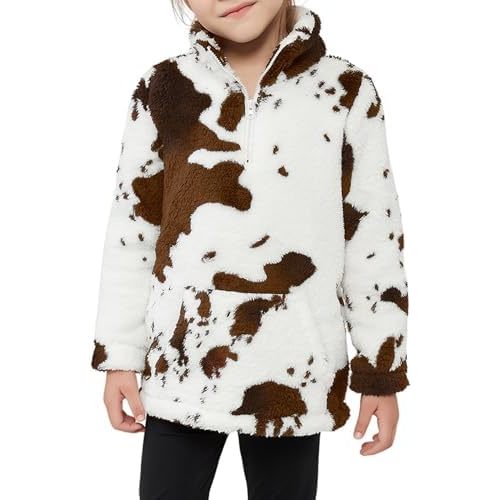 Girls Cow Print Pullover Quarter-Zip Sherpa Fleece Jackets Casual Fuzzy Outwear Coat with Pockets
