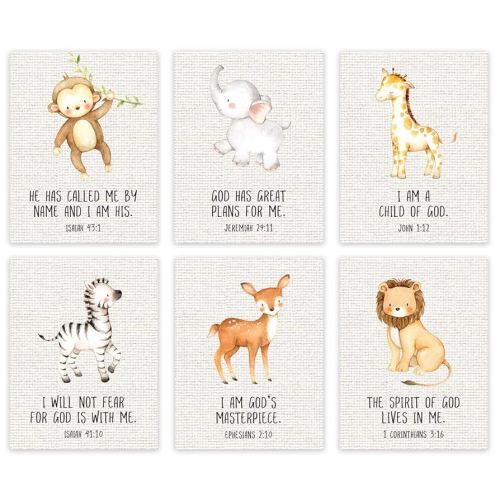 Andaz Press Christian Bible Verses Quotes Nursery Kids Room Unframed Hanging Wall Art Poster Home Decor, 8.5x11-inch, Jungle Safari Animals Theme, Burlap, 6-Pack, No Frames