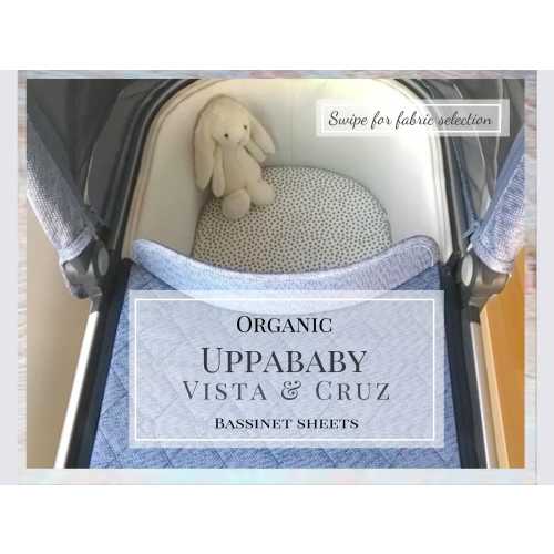 Organic UPPAbaby bassinet sheets. Vista and Cruz fitted bassinet sheet made from 100% organic cotton. Custom organic pram sheets.