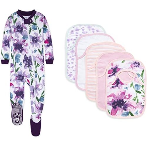Burt's Bees Baby Baby Girls' Zip-up Footed Sleeper Pj & Set of Bibs Gift Bundle, 100% Organic Cotton