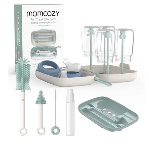 Momcozy Bottle Brush Set - Baby Bottle Cleaner Kit with Silicone Brush, Nipple Brush, Straw Brush, Soap Dispenser, Drying Rack - 7 in 1 Bottle Cleaning Tool for Home and Travel