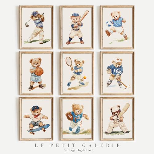 Vintage Sports Teddy Bear Prints: Baby Boy Nursery Decor (Set of 9) (Digital Download)