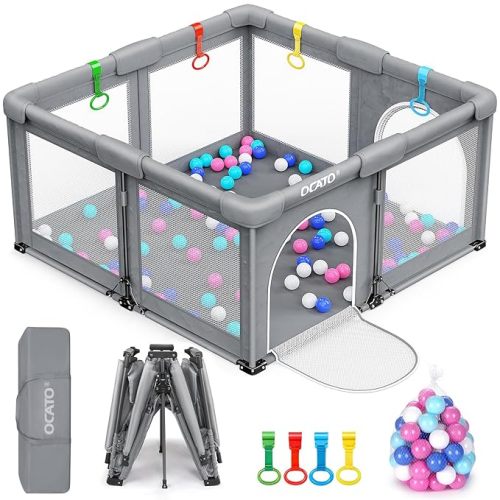 OCATO Baby Playpen: Foldable Playpen for Babies and Toddlers Large Play Pen Portable Playpen Fence Indoor Outdoor Kids Safety Area Travel Play Yard with 1 Storage Bag 4 Handlers 50 Balls (50" × 50")
