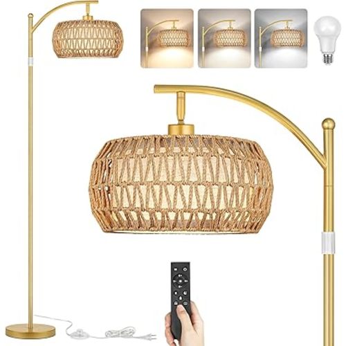 ROTTOGOON Boho Floor Lamp with Dimmable Bulb, Rattan &Linen Double Shades, Boho Standing Tall Lamps with Foot Switch, Gold Bohemian Floor Lamps for Living Room, Bedroom, Office