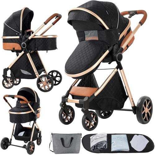 2 in 1 Baby Stroller, Convertible Foldable Standard Stroller, Reversible Pushchair Infant Buggy Carriage, Portable High Landscape Pram for Toddler Newborn, Aluminum Alloy (225 Black Gold)