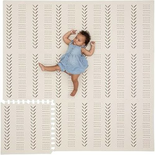 CHILDLIKE BEHAVIOR XXL Baby Play Mats, 72”x72” Puzzle with 9 Foam Tiles, Crawling Mat with Interlocking Tiles, 24”x24” Puzzle Mat Pieces, Neutral Playmat for Toddlers & Infants Play Pen - Beige