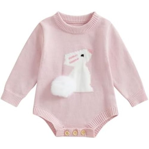 MoZiKQin Baby Girl Boy Easter Outfit Bunny Knitted Sweater Romper Crewneck Long Sleeve Jumpsuit Cute Spring Clothes