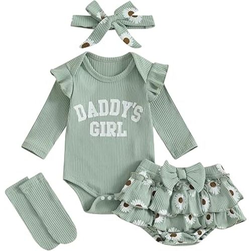 MERSARIPHY Daddys Girls Baby Girl Fall Outfit Newborn Long Sleeve Ruffle Romper Floral Dress Shorts Legging 4Pcs Clothes Set