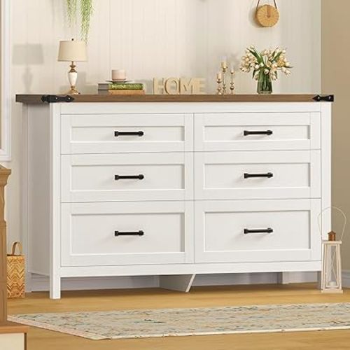 TEENFON White 6 Drawer Dresser for Bedroom, 47.2'' Farmhosue Dresser with Metal Handles, Wood Chest of Drawers, Bedroom Dressers for Living Room, Entryway, White