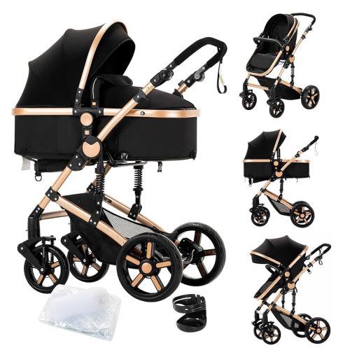 2 in 1 Baby Stroller Reversible Portable Standard Baby Stroller Convertible Pushchair Infant Buggy Baby Carriage Foldable High Landscape Pram for Toddler Newborn (2US588-BG 2 in 1)