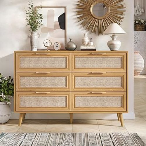 Rattan Dresser for Bedroom,47.2" Wide 6 Drawer Double Dresser,Wooden Dressers Large Chest of Drawers with Golden Handles,Rattan Buffet Sideboard