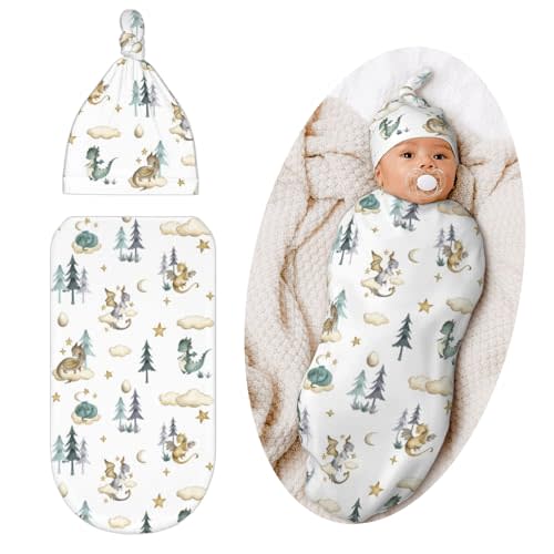 Qwalnely Dragon Swaddle Blanket with Hat for Baby, Swaddling Sleeping Sacks, Dragon Theme Baby Items Stuff, Shower Gifts for Boys Girls