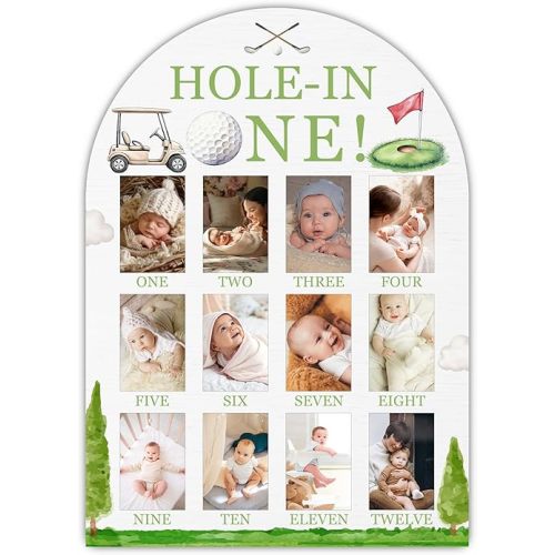 Hole in One My First Year Photo Board, Golf Baby Milestone Signs for Boys Girls Nursery Decor, 12 Month Wooden Picture Board for 2x3 Photos, Best Babies Keepsake Gifts-A13