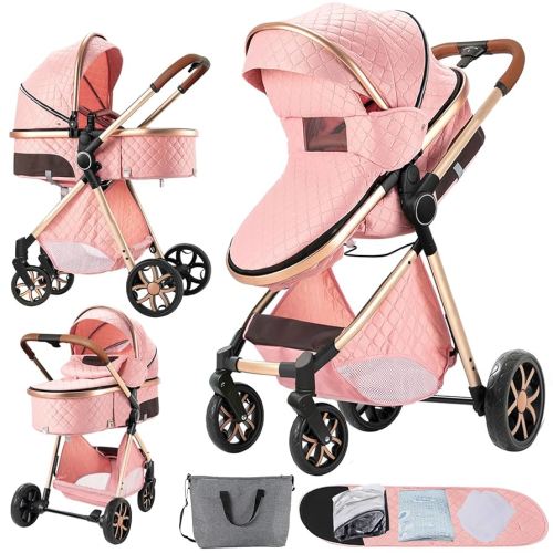 2 in 1 Baby Stroller, Convertible Foldable Standard Stroller, Reversible Pushchair Infant Buggy Carriage, Portable High Landscape Pram for Toddler Newborn, Aluminum Alloy (225 Pink)