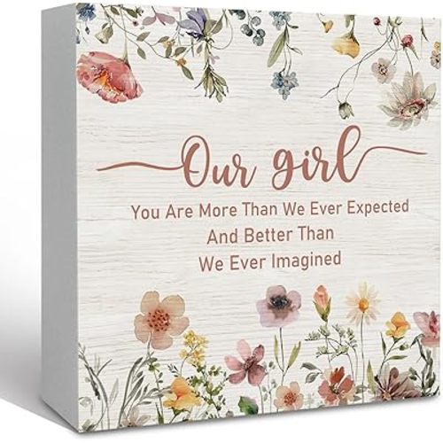 My Girl You Are More Than We Ever Expected Motivational Wooden Sign Desk Decor, Boho Floral Nursery Decorative Signs for Nursery Bedroom Living, Motivational Home Sign Shelf Desk Decor 5x5 In