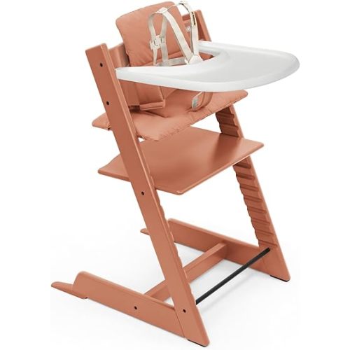 Stokke Tripp Trapp High Chair 2 (Terracotta), Cushion 2 (Terracotta) + Stokke Tray (White) - Includes Chair + Baby Set 2 with Removable Harness for Children 6-36 Months