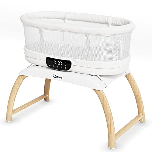 AMKE 4 in 1 Baby Bassinet with 5 Rocking Motion, Mutil-Function Electric Infant Sleeper with Timer and Weighing Mode, Remote Control, Built-in 12 Songs